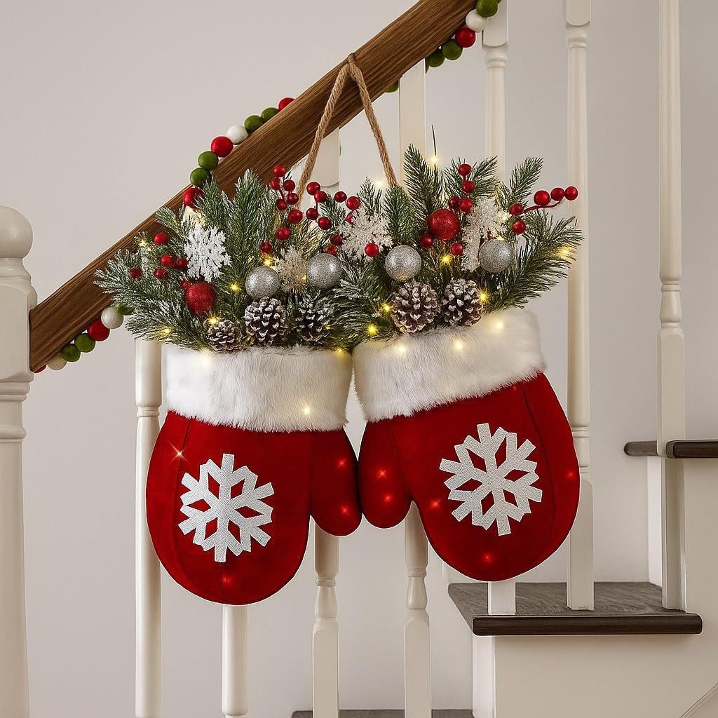 Holiday Light-Up Christmas Mittens Floral Wreath