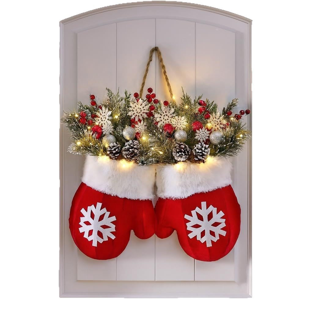 Holiday Light-Up Christmas Mittens Floral Wreath