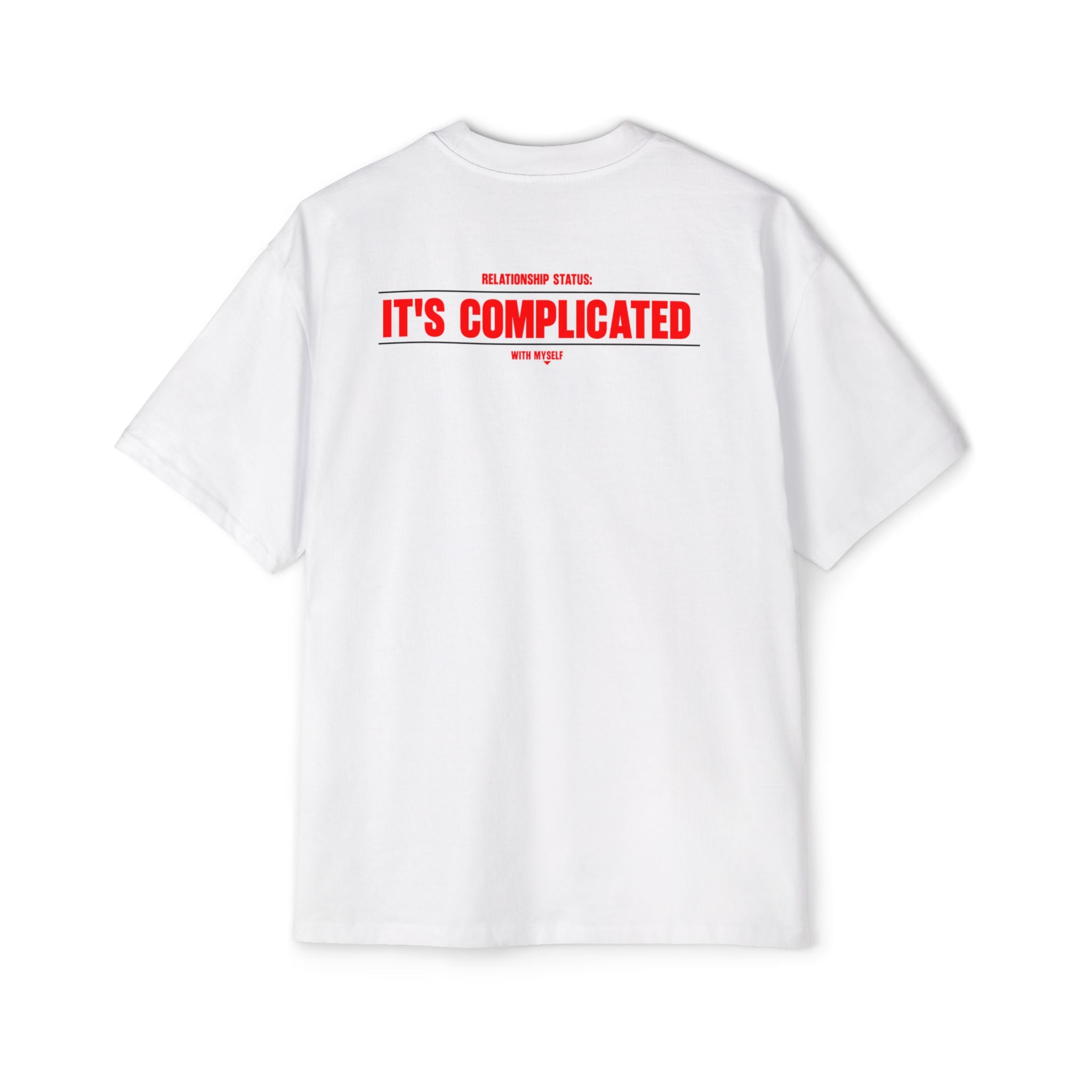 It's Complicated graphic tee | Oversized white t-shirt, red text back logo