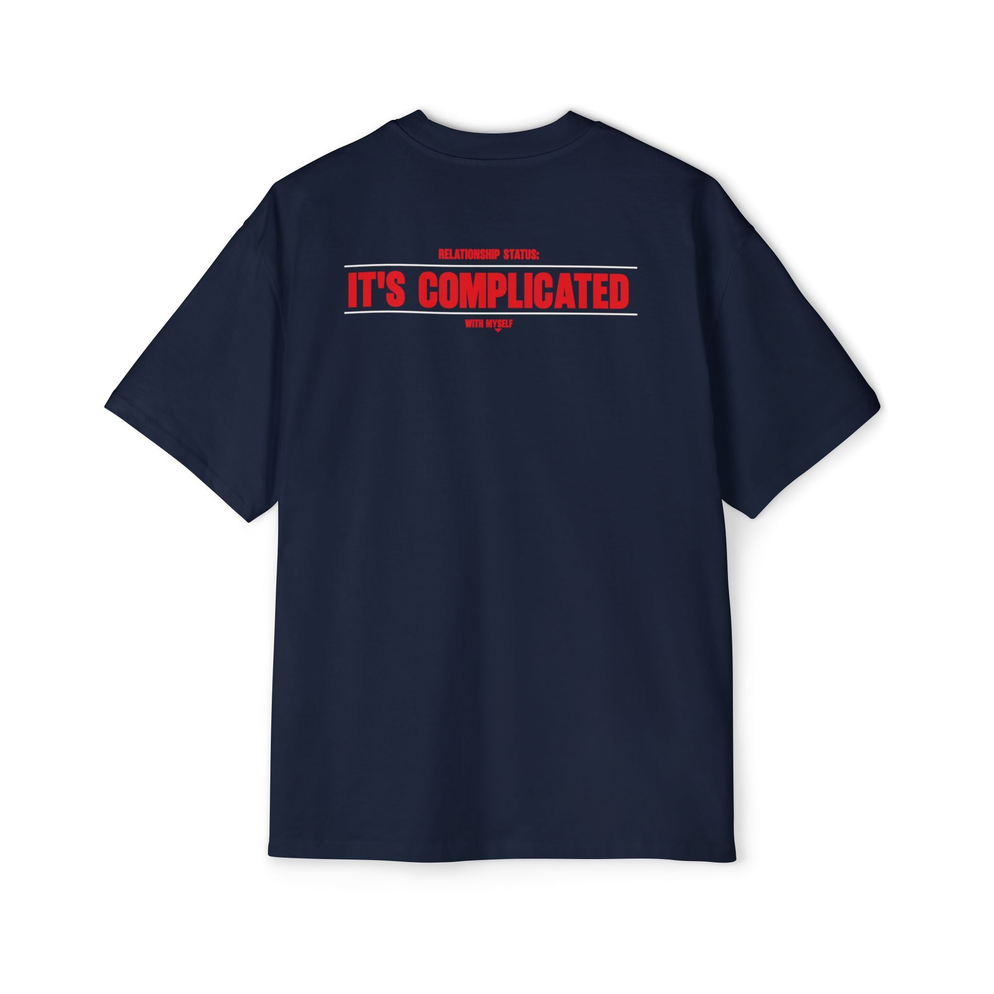 It's Complicated graphic tee | Oversized white t-shirt, red text back logo