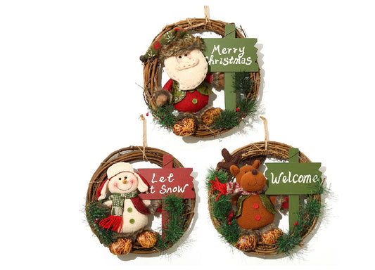 Rustic Christmas Rattan Wreath – Plush Holiday Door Hanging Decoration
