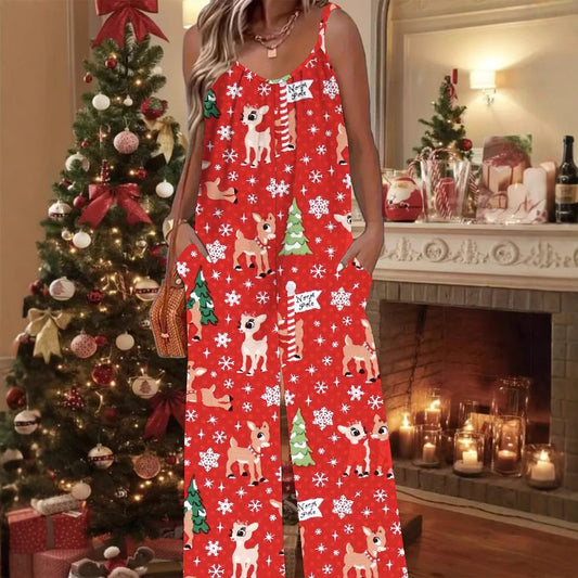 Christmas Plus Size Women’s Red Print Jumpsuit