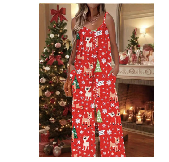 Christmas Plus Size Women’s Red Print Jumpsuit