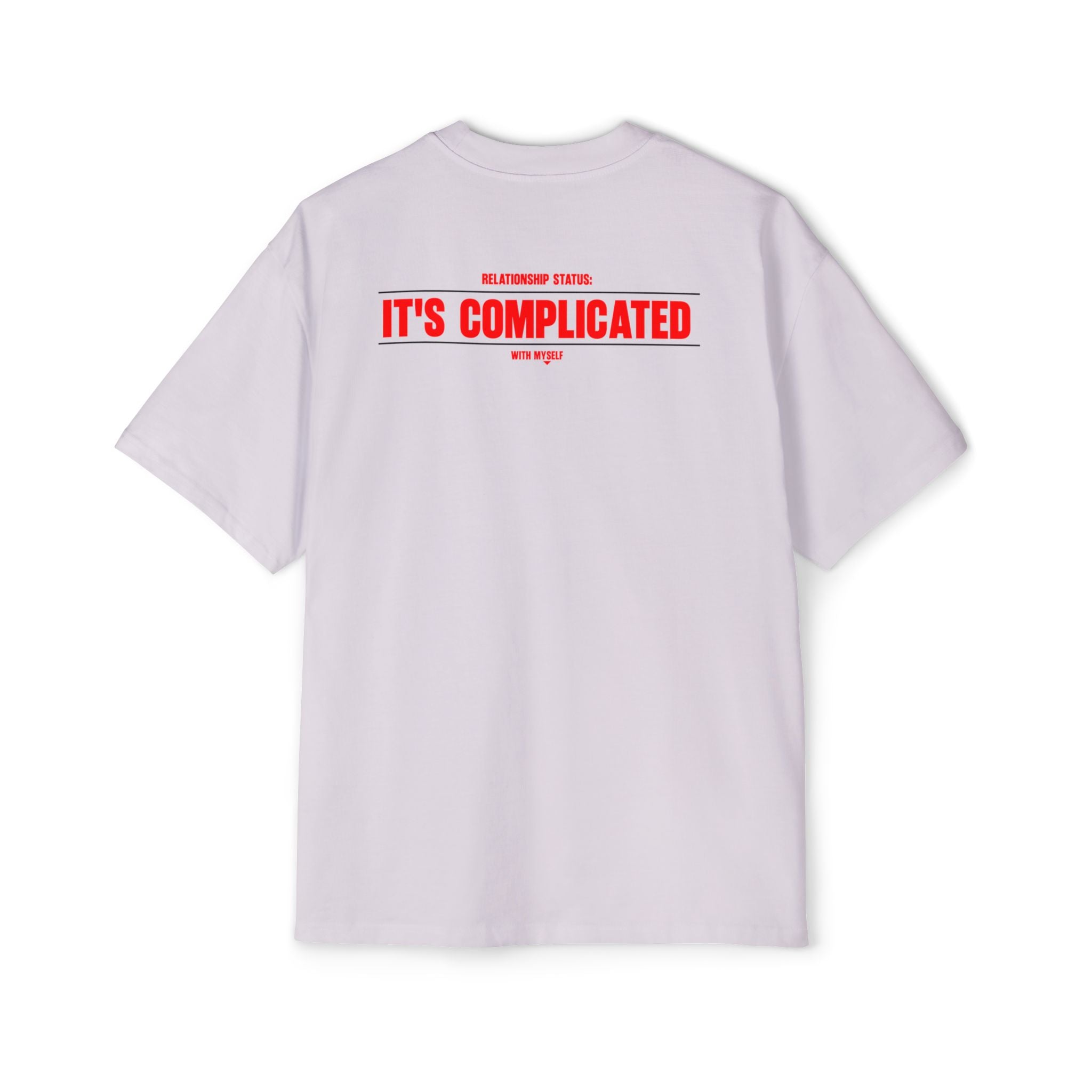 It's Complicated graphic tee | Oversized white t-shirt, red text back logo