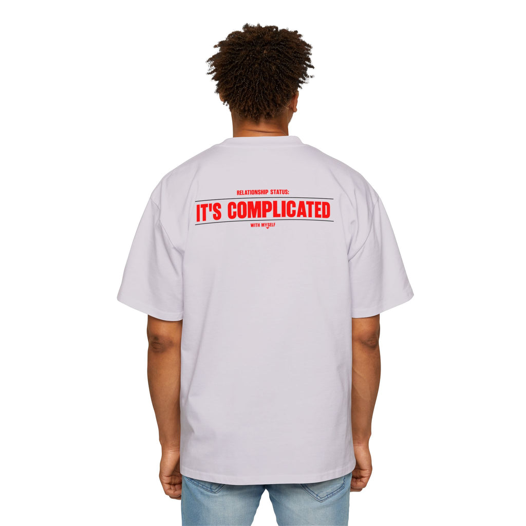 It's Complicated graphic tee | Oversized white t-shirt, red text back logo