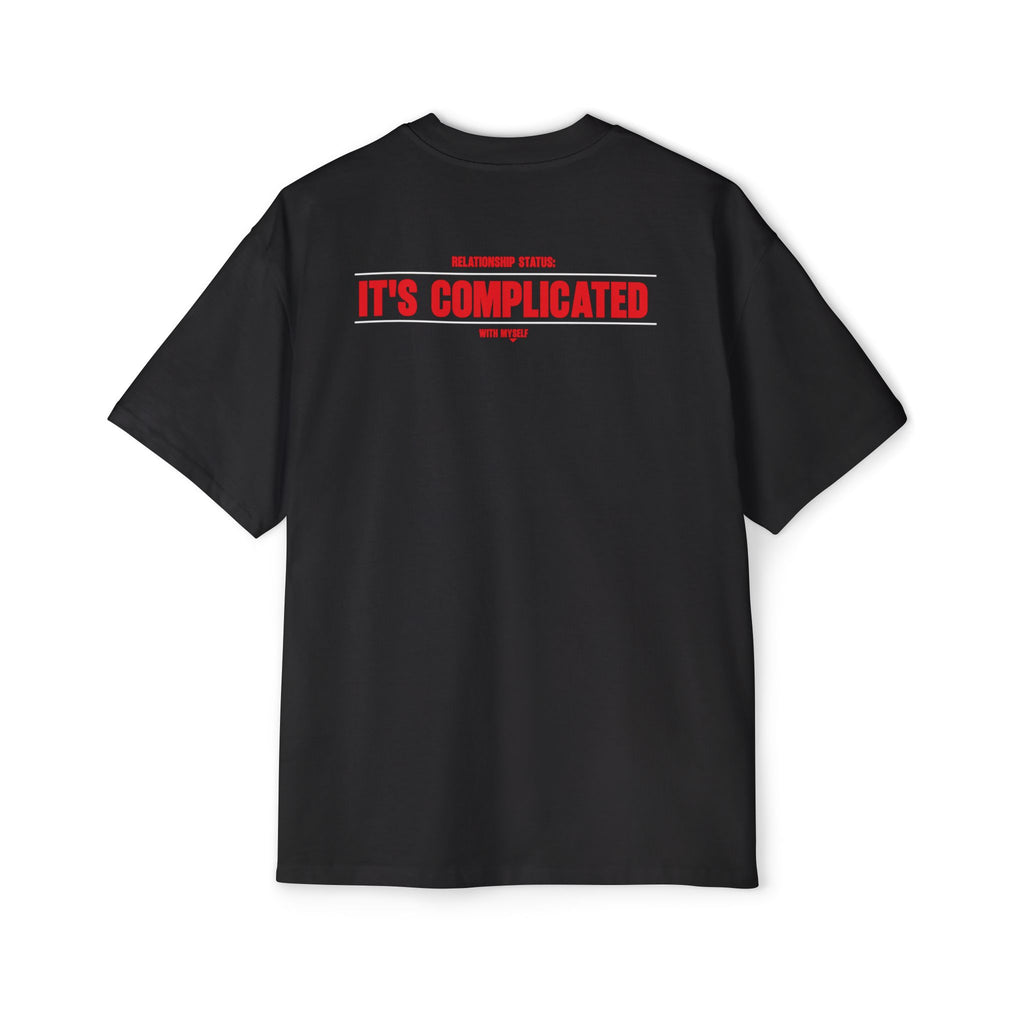 It's Complicated graphic tee | Oversized white t-shirt, red text back logo