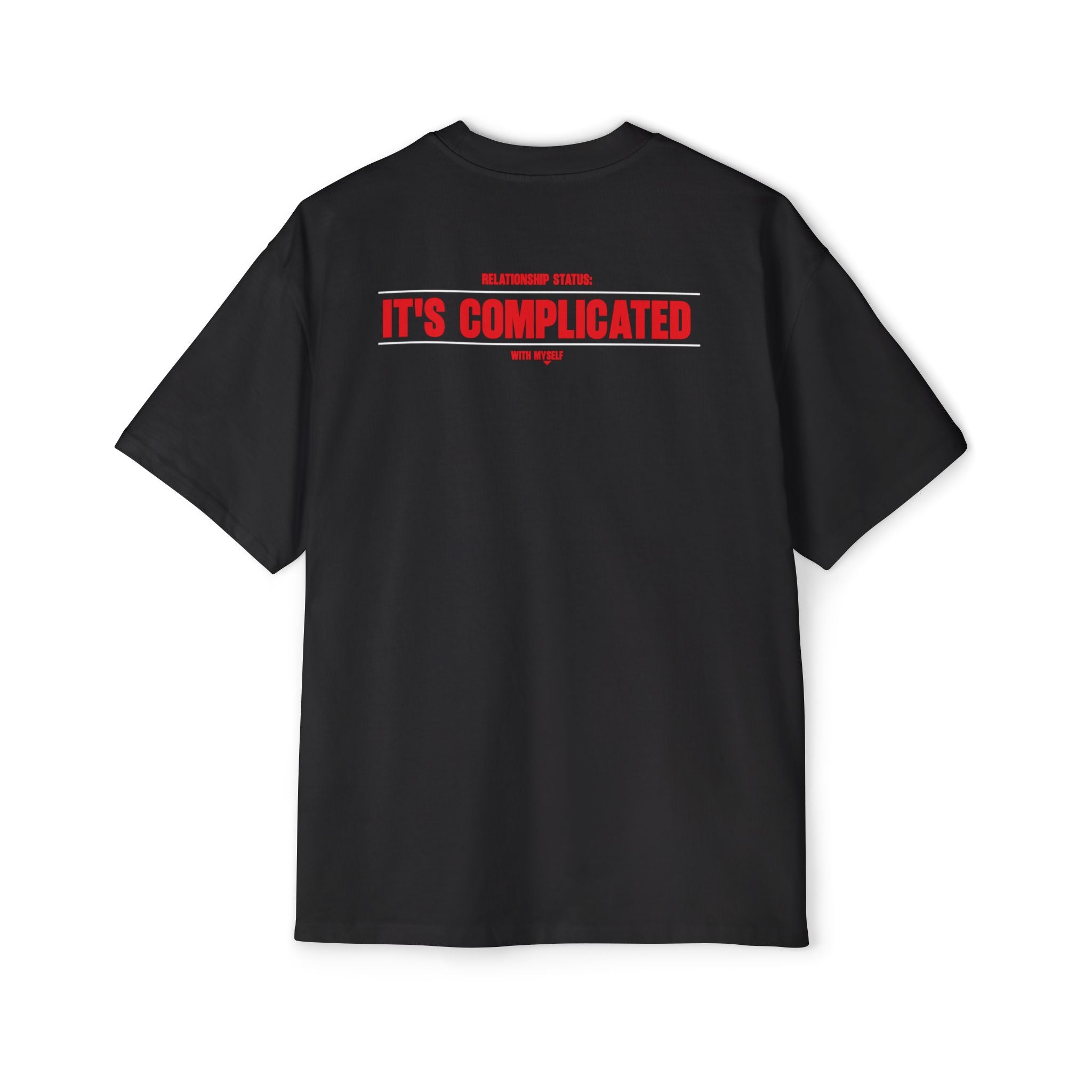 It's Complicated graphic tee | Oversized white t-shirt, red text back logo