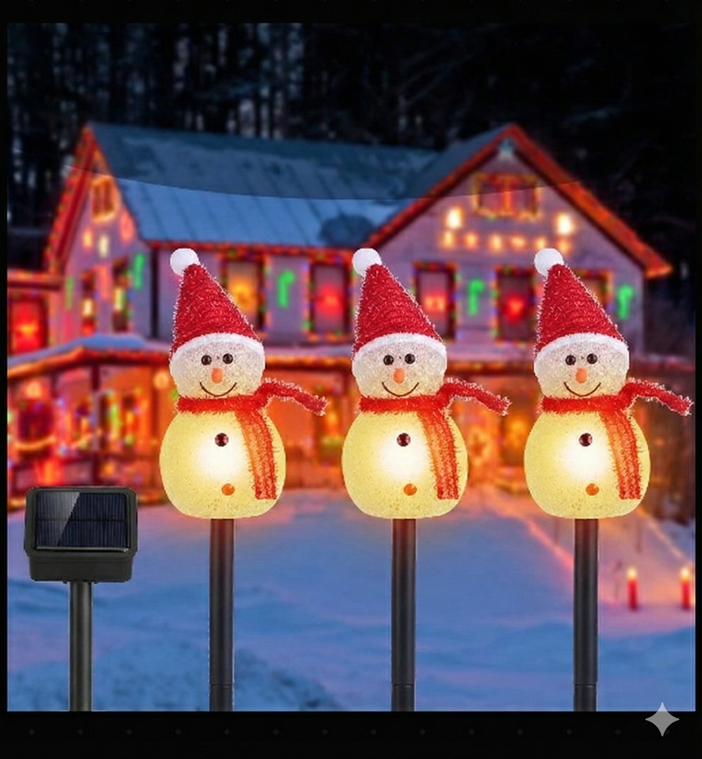 1Pc Solar Powered Lamp 3 Snowmen Outdoor Decorative Christmas Lamp Garden Stake Light IP55 Waterproof Santa Landscape Light Warm White LED Lighting Pathway Yard Patio