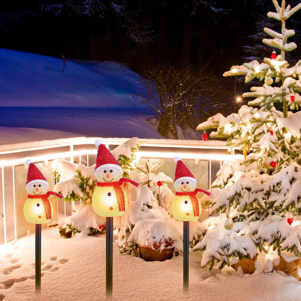 1Pc Solar Powered Lamp 3 Snowmen Outdoor Decorative Christmas Lamp Garden Stake Light IP55 Waterproof Santa Landscape Light Warm White LED Lighting Pathway Yard Patio