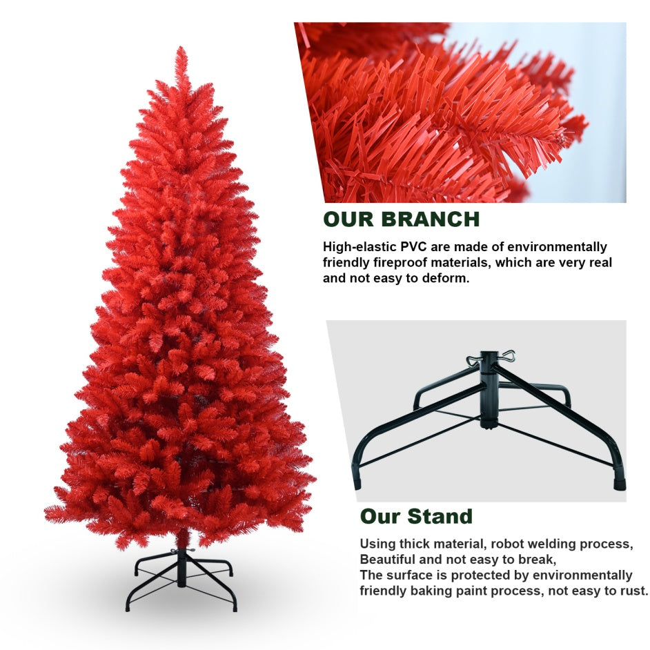 6-Foot Red Artificial Tree Halloween Tree With Metal Foldable Stand, Full Artificial Christmas Tree With 804 Branch Tips, Easy To Assemble, Indoor Holiday Decoration